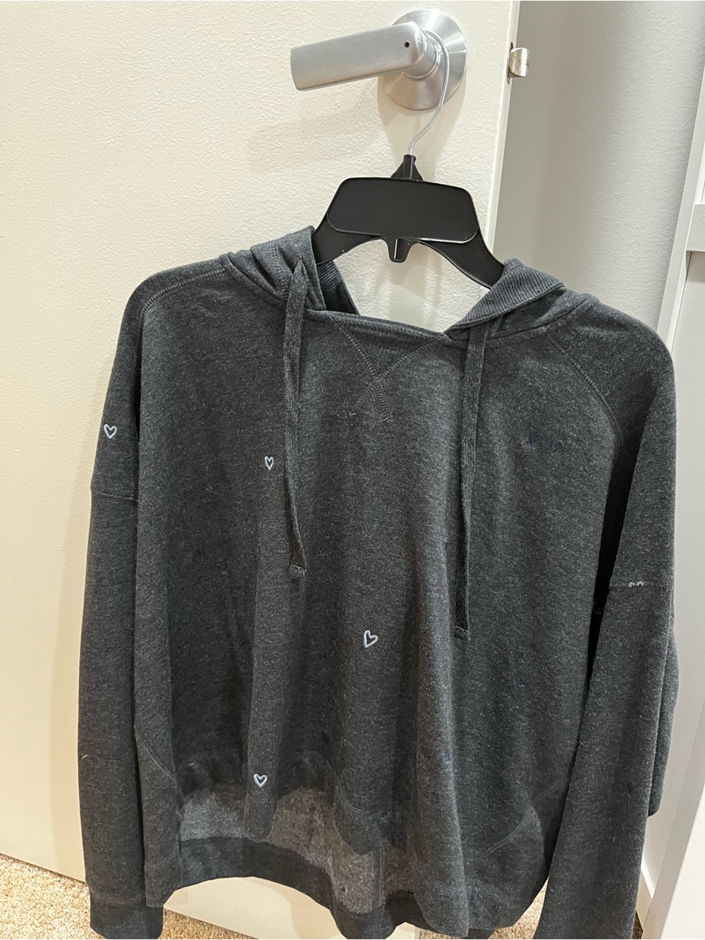 Splendid Small Dark Charcoal Crewneck Hoodie with Subtle Heart Accents